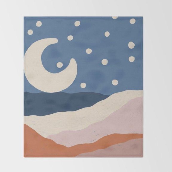 Crescent Moon and Stars Dusty Blue Fleece Blanket, Polyester Fleece Fabric, 280 GSM, Celestial Landscape