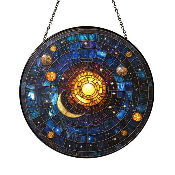 Crescent Moon and Stars Window Hanging – Stained Glass Style Art2001
