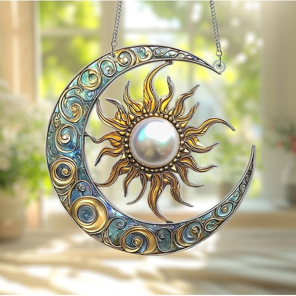 Crescent Moon and Sun 2D Flat Decorative Acrylic Window Hanging, Sun and Moon Suncatcher, Home Decor, Lantern Art for Ramadan, Mystical Home