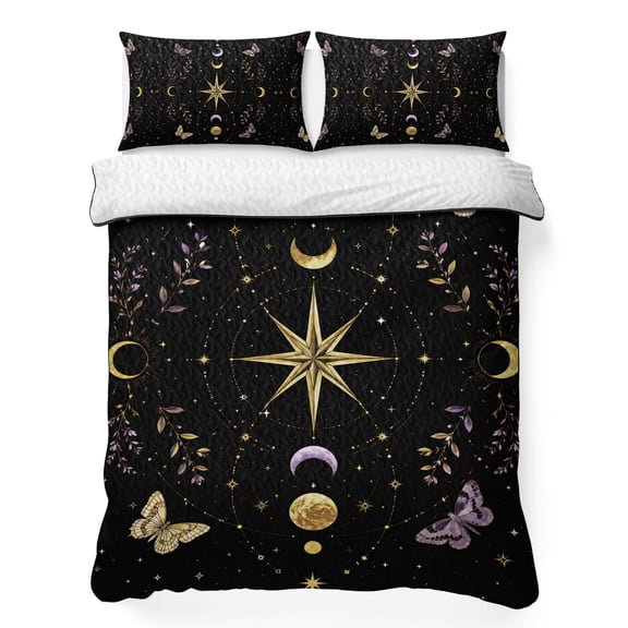 Crescent Moons 3 Piece Quilt Bedding Set with 2 Pillow Shams, Yellow Purple Flying MothsAstrology Celestial Lightweight Bedspread Coverlet, Soft Breathable All Season Quilt, 90 x 96 Inch