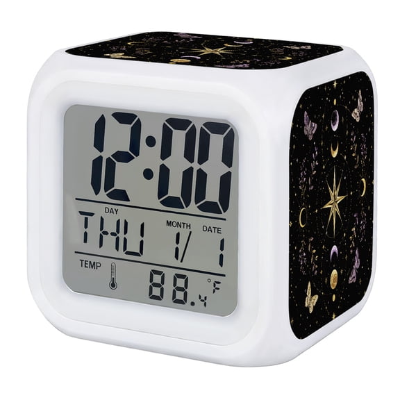 Crescent Moons Alarm Clock, Yellow Purple Flying MothsAstrology Celestial Digital Clock Night Light with 7 Color, Calendar Temperature Display, LED Desk Small Clock for Bedrooms Bedside Living Room