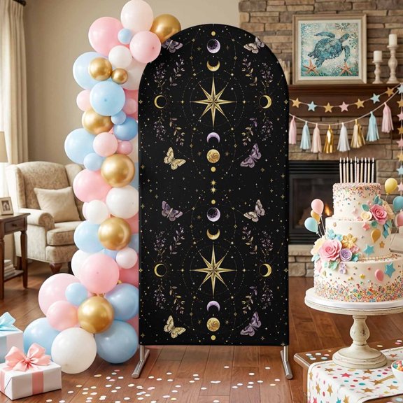 Crescent Moons Arch Backdrop Covers 5 FT, Yellow Purple Flying MothsAstrology Celestial Stretchy Fitted Arched Stand Covers Party Arch Stand Cover Photo Booth for Wedding Birthday Decor