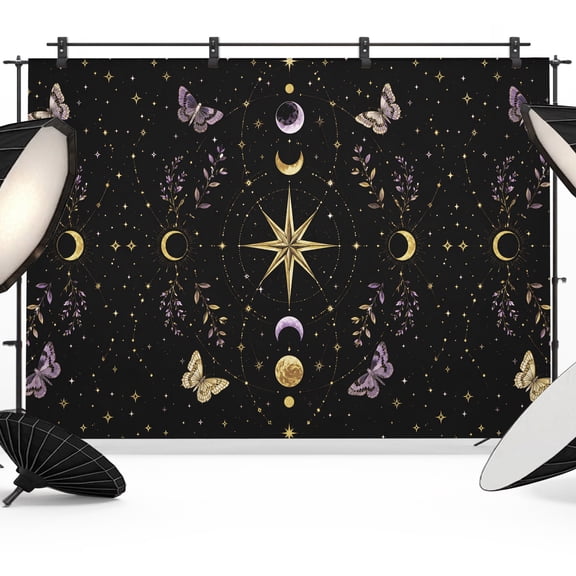 Crescent Moons Backdrops for Photography, Yellow Purple Flying MothsAstrology Celestial Fabric Photo Background Sturdy Studio Props for Photo Studio, Video Recording, Booth & Photoshoot 7x5ft