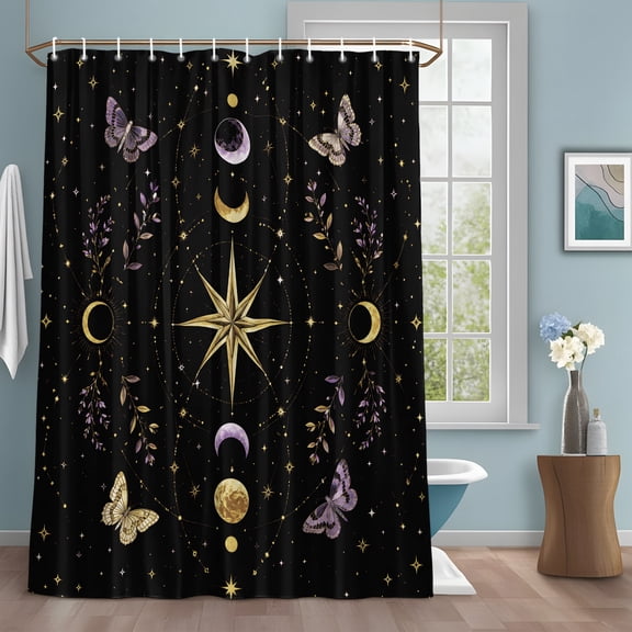 Crescent Moons Shower Curtain Set with Hooks, Yellow Purple Flying MothsAstrology Celestial Water Repellent Sturdy Shower Curtains for Bathroom Decoration, Machine Washable 72x96 Inch