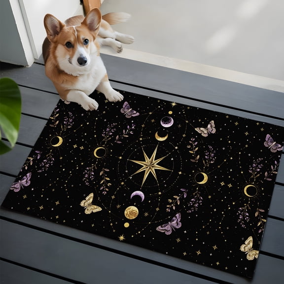 Crescent Moons Small Area Rugs 2x3 Yellow Purple Flying MothsAstrology Celestial Entryway Rugs Washable Door Mat, Low-Profile Area Rugs Non Slip Floor Carpet for Living Room Bedroom Home Office