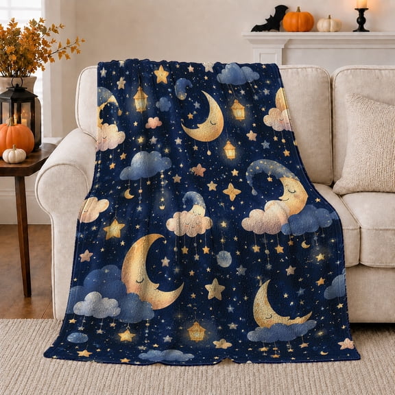 Crescent Moons Stars Clouds and Lanterns on Navy Sky, Cute Celestial Night Pattern for Dreamers, Birthday Gift, Soft Flannel Blanket for Bedroom, Starry Home Decor