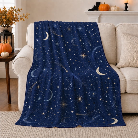 Crescent Moons Stars and Constellation Lines on Navy Sky, Minimal Celestial Night Pattern for Stargazers, Birthday Gift, Cozy Flannel Blanket for Bedroom, Starry Home Decor