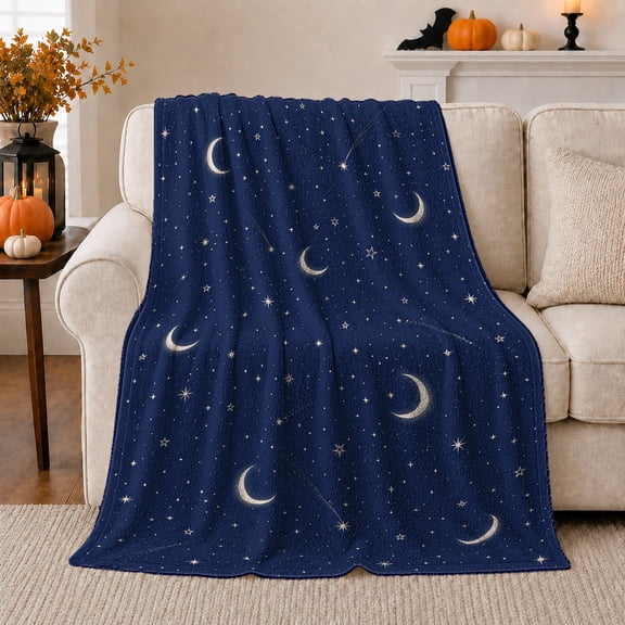 Crescent Moons and Tiny Stars on Deep Navy Sky, Minimal Celestial Night Pattern for Stargazers, Birthday Gift, Soft Flannel Blanket for Bedroom and Lounge, Starry Home Decor
