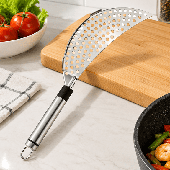 Crescent Pot Strainer Stainless Steel Grease Pasta Strainer Insert Drainer with Handheld for Different Pot Pan Kitchen Tool