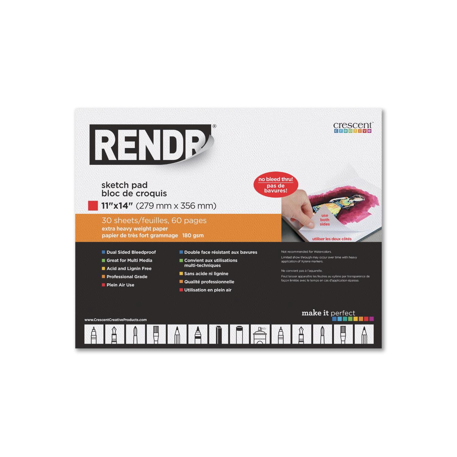RENDR No Show Thru Sketch Pads for Drawing, Dual Sided Bleedproof, 11" x 14", Acid & Lignin Free, 80 Perforated pages, All Media, Heavy Weight 180 GSM