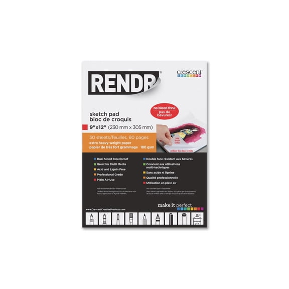 RENDR No Show Thru Sketch Pads for Drawing, Dual Sided Bleedproof, 9" x 12", Acid & Lignin Free, 80 Perforated pages, All Media, Heavy Weight 180 GSM