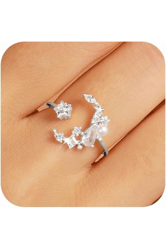 Crescent Rings for Women 925 Sterling Silver White Cubic Zirconia Star Moon Ring for Mother Daughter 14K Gold Plated Pearl Ring Adjustable Rings Christmas Wedding Jewelry Gift