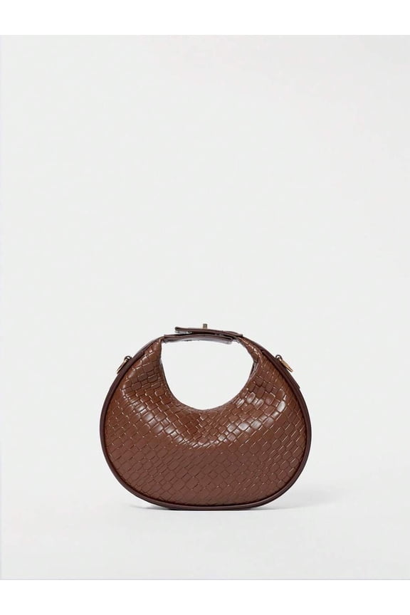Crescent Shape Woven Leather Handbag In Coffee Brown, Top Handle Mini