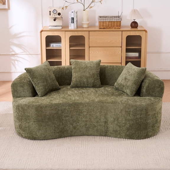 Crescent-Shaped Sofa, Modern Low-Back Design with Deep Cushions, Self-Inflating Foam-Filled Large Two-Seater Sofa, No Assembly Required, Green Chenille Fabric