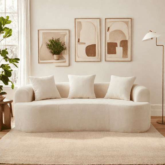 Crescent-Shaped Sofa, Modern Low-Back Sofa with Deep Cushions, Self-Inflating Foam 2-Seater, No Assembly Required, Chenille Fabric,White