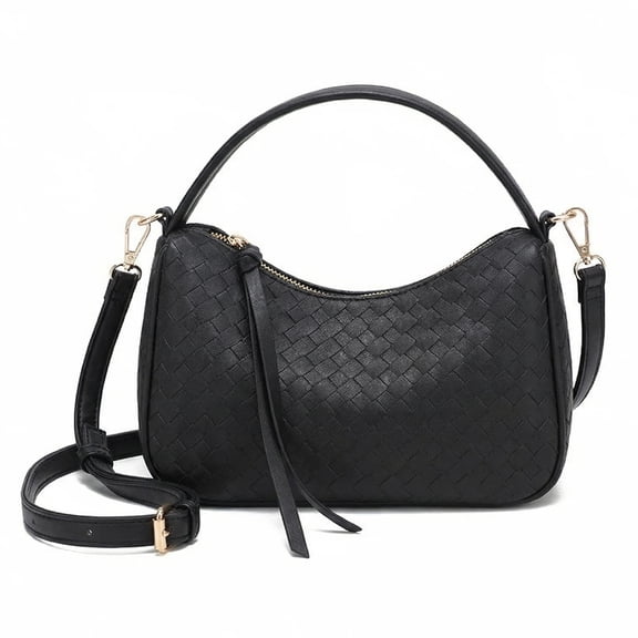 Crescent Shoulder Bag Crossbody Bags for Women, Trendy Woven Leather Bag Cute Hobo Tote Handbag Purse, with Adjustable Strap, Black