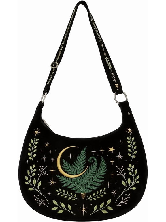 Crescent Shoulder Bags for Women Cute Gothic Hobo Tote Handbag with Moon & Star Embroidery, Crossbody Purses