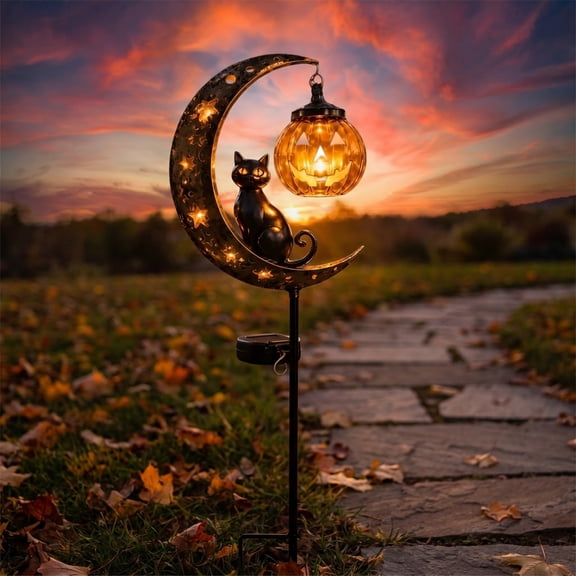 Crescent Solar Stake Light with Pumpkin, Waterproof Outdoor Yard Decor for All Saints' Day Pathway, Patio, and Fall Landscape Lighting