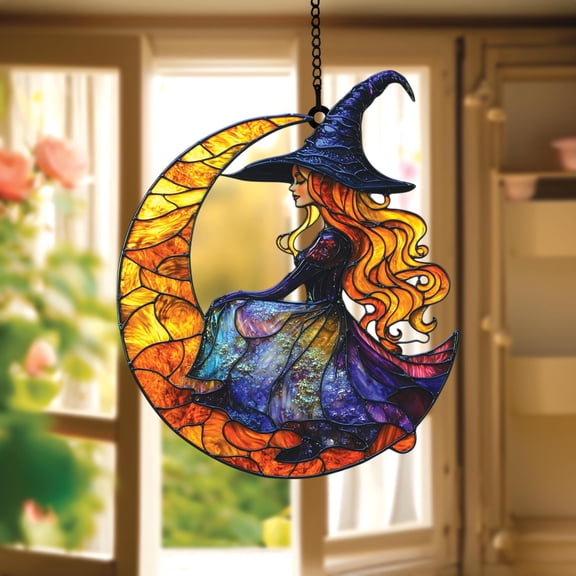 Crescent Witch Acrylic Suncatcher Enchanted Faux Glass Panel with Moonlit Silhouette, Perfect for Magical Window Decor and Fantasy Lovers