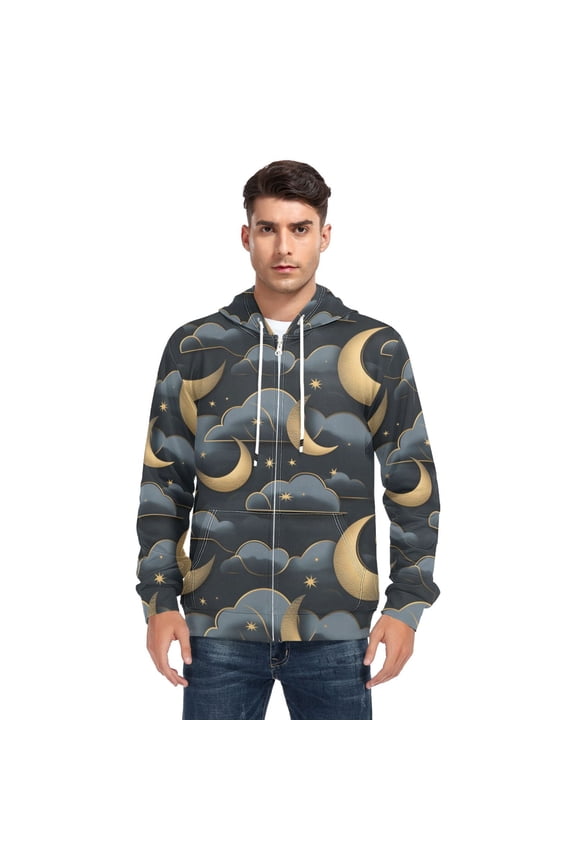 Crescent and Cloud Men’s Hoodies Sweatshirt with Full Zip Pockets Fleece Jackets