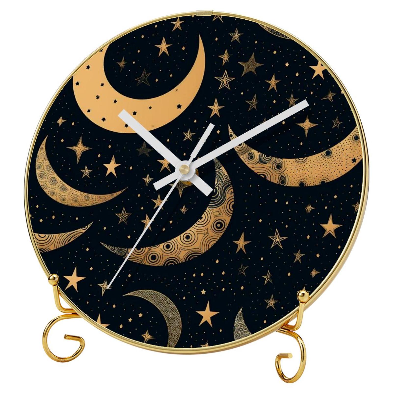 Crescent moon symbol Round Printed Wall Clocks with Hooks and Gold