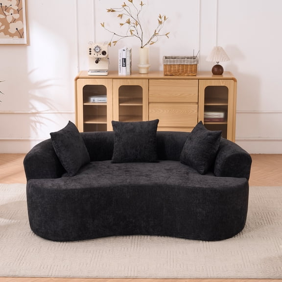 Crescent-shaped Sofa, Modern Low-back Design with Deep Cushions, Self-inflating Foam-filled Large Two-seater Sofa, No Assembly Required (Black Chenille Fabric)