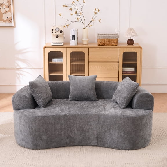 Crescent-shaped sofa, modern low-back design with deep cushions, featuring a self-inflating foam-filled three-seater sofa that requires no assembly. (Gray chenille fabric)