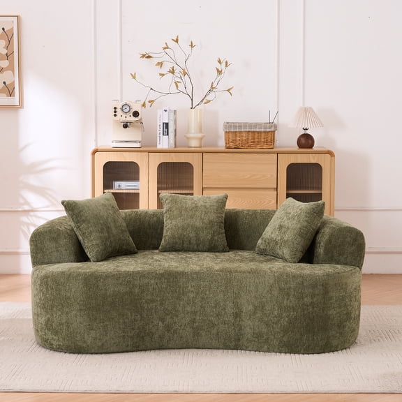 Crescent-shaped sofa, modern low-back design with deep cushions, featuring a self-inflating foam-filled three-seater sofa that requires no assembly.(Green chenille fabric)