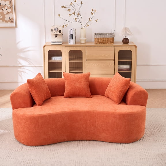 Crescent-shaped sofa, modern low-back design with deep cushions, featuring a self-inflating foam-filled three-seater sofa that requires no assembly.(Orange chenille fabric)