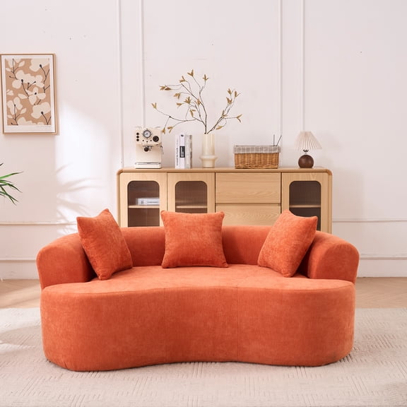 Crescent-shaped sofa, modern low-back design with deep cushions, self-inflating foam-filled large two-seater sofa requiring no assembly.(Orange chenille fabric)