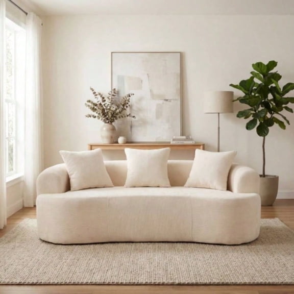 Crescent - shaped sofa, modern low - back design with deep cushions, self - inflating foam - filled large two - seater sofa requiring no assembly. White chenille fabric