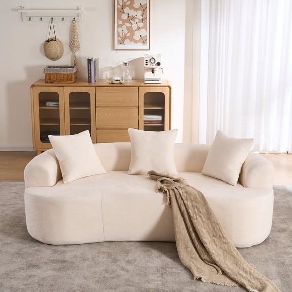 Crescent-shaped sofa, modern low-back design with deep cushions, self-inflating foam-filled large two-seater sofa requiring no assembly. (White chenille fabric)