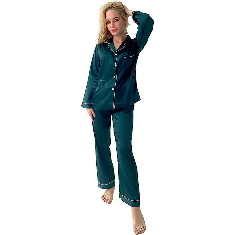 Crescentt Women's Satin Silk Pajamas Loungewear Sleepwear Set - Two Piece  Nightwear included with Matte Silk Eye Mask - Large, Emerald Green 