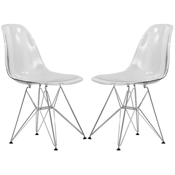 LeisureMod Dining Chair in Acrylic with Chrome Eiffel Base and Curved Back Design Lightweight Easy Assembly for Modern Home, Kitchen, Cafes Cresco Collection Set of 2 Clear