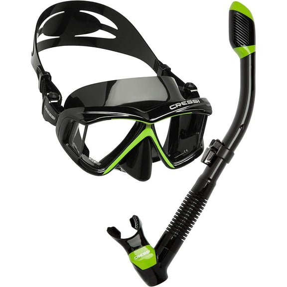 Cressi Panoramic Wide View 4 Panel Mask Dry Snorkel Set, Lime Green / Black Silicone