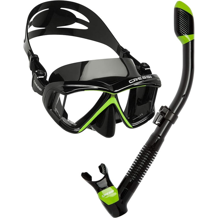 Cressi Panoramic Wide View 4 Panel Mask Dry Snorkel Set, Lime Green / Black  Silicone