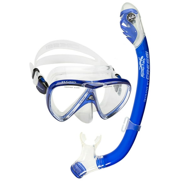 Cressi Pegaso Mask and Iguana Dry Snorkel Junior Combo - Clear/Cobalt Blue