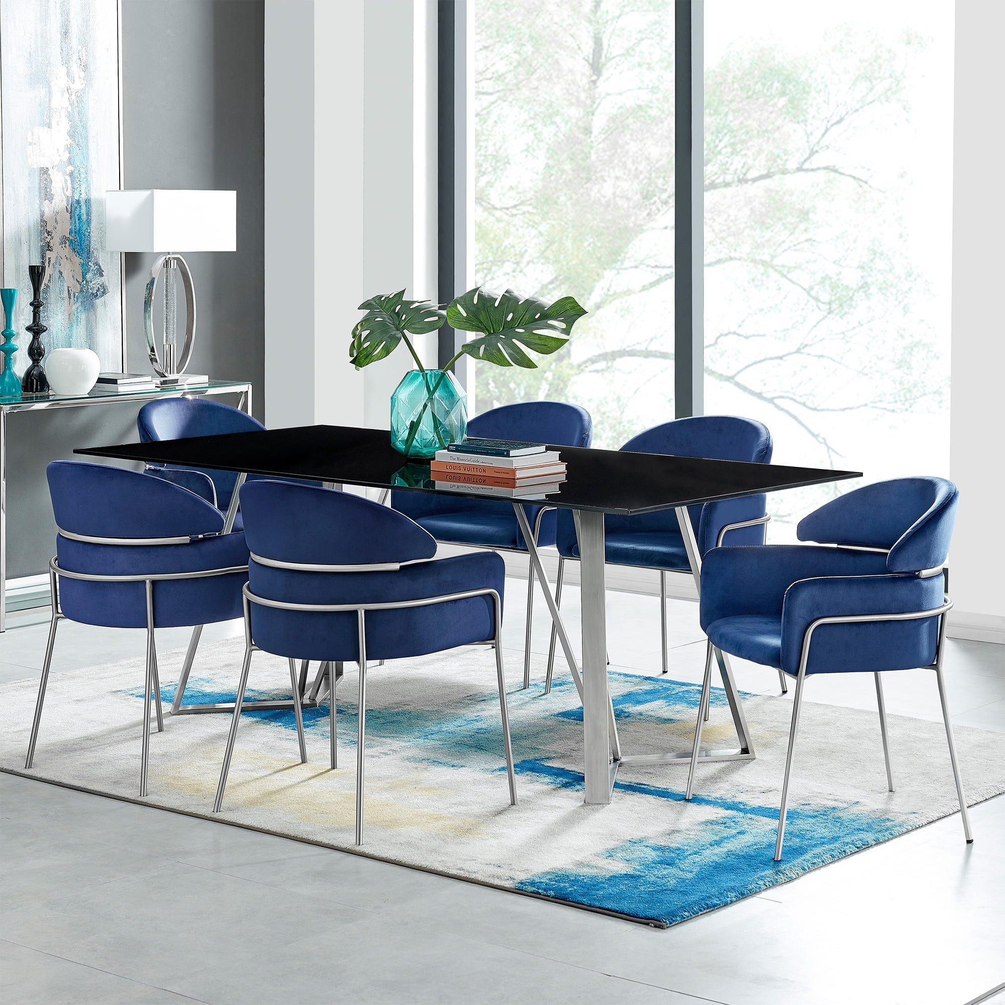 Cressida and Portia Blue Fabric 7 Piece Rectangular Dining Set 