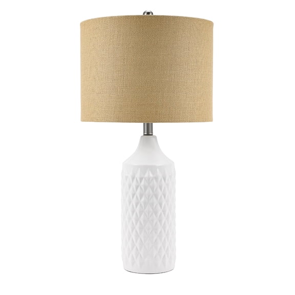 Cresswell Lighting 26.5" Transitional Geometric Ceramic Table Lamp with Linen Shade,, Glossy White Finish
