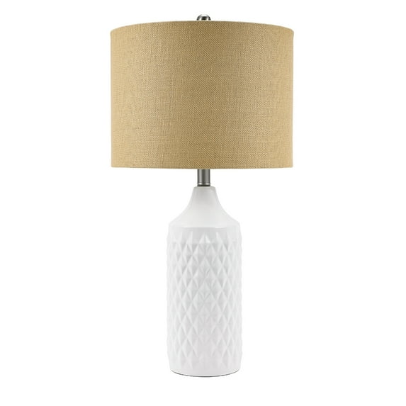 Cresswell Lighting 26.5" Transitional Geometric Ceramic Table Lamp with Linen Shade,, Glossy White Finish