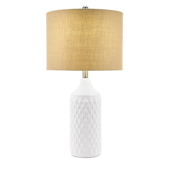 Cresswell Lighting 3-Way Quilted Ceramic Table Lamp with Natural Linen Drum Shade