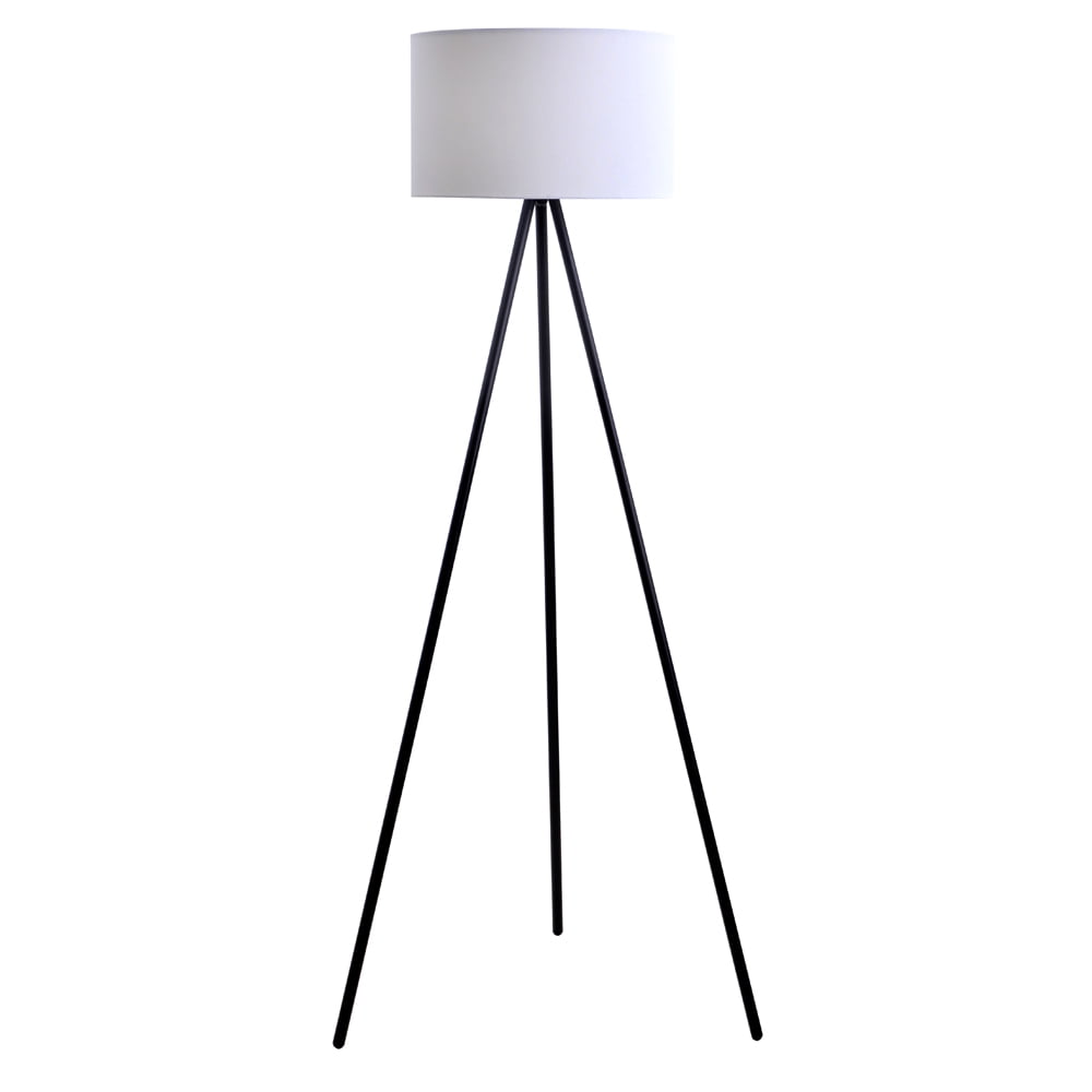 Black Metal Tripod Floor Lamp with White Linen Shade