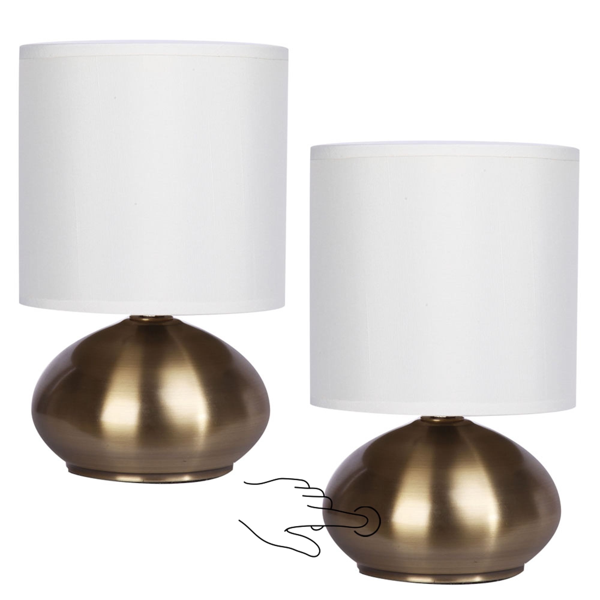 Antique Brass Touch Table Lamp Set with White Linen Shades