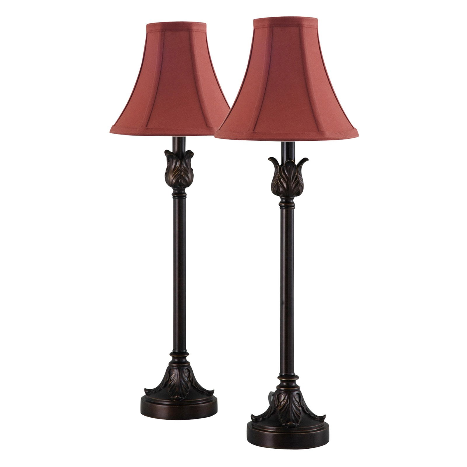 Bronze Buffet Table Lamp Set with Burgundy Fabric Shades