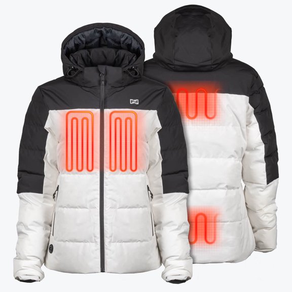 Mobile Warming Crest 2.0 Heated Down Jacket for Women, 4 Heat Zones, Dual-Zone Control, 600-Fill Duck Down, Removable Hood