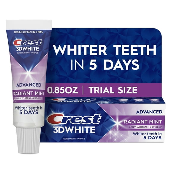 Crest 3D White Advanced Teeth Whitening Toothpaste, Radiant Mint, .85 oz Travel Size