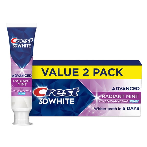 Crest 3DWhite Advanced Whitening Toothpaste, Radiant Mint, 3.3 oz, 2 Pack