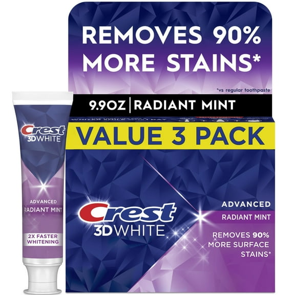 Crest 3DWhite Advanced Teeth Whitening Toothpaste, Radiant Mint, 3.3 oz, Pack of 3