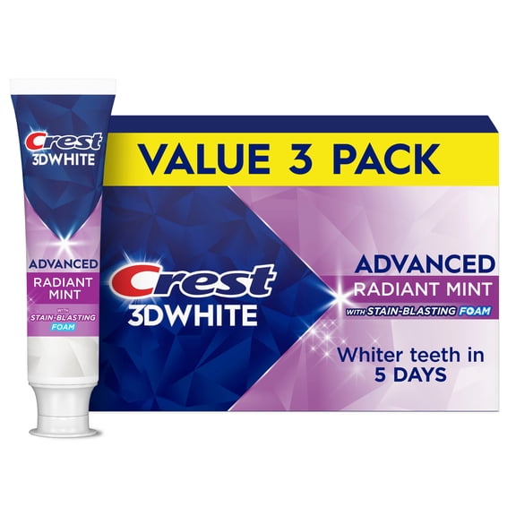 Crest 3DWhite Advanced Whitening Toothpaste, Radiant Mint, 3.3 oz, 3 Pack