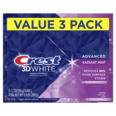 Crest 3D White Advanced Teeth Whitening Toothpaste, Radiant Mint, 3.3 oz, 3 Pack